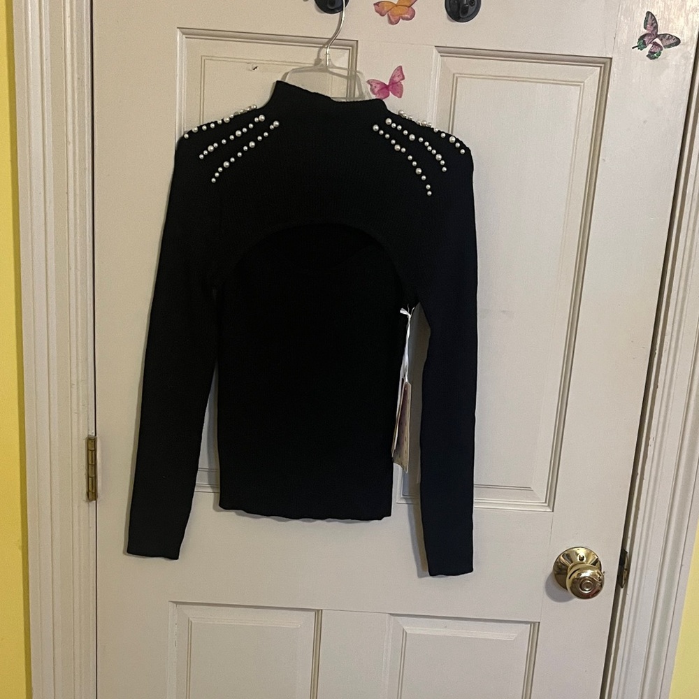 Sweet Rain Black Sweater with Pearl Accents